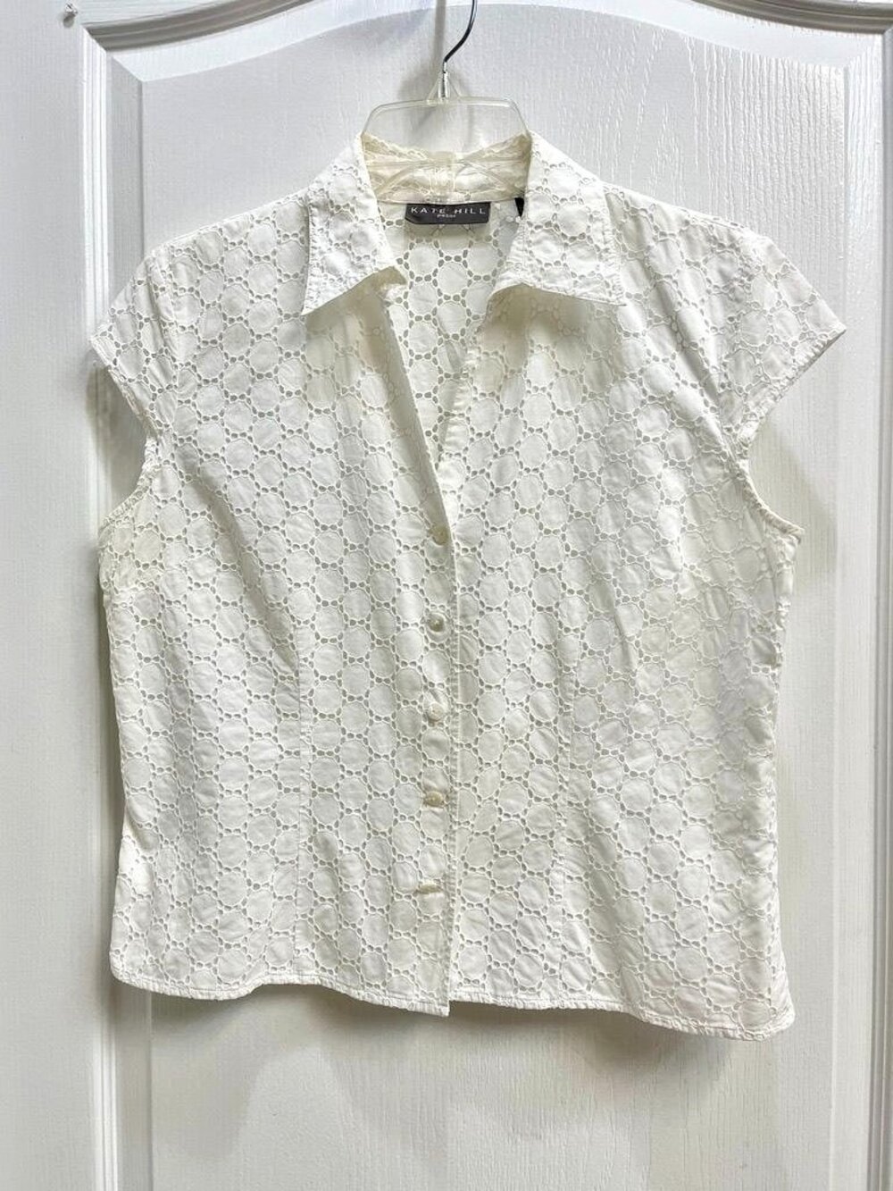 Kate Hill White Eyelet Button Front Blouse Women’s 14 Petite